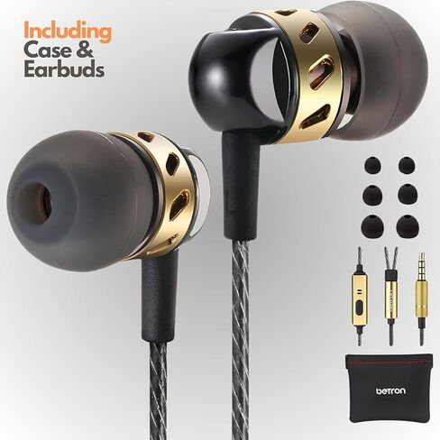 Betron AX5 Wired Earphones with Microphone, Deep Bass in-Ear Headphones, Tangle-Free Cable, Noise Isolating, 3.5mm Jack - Black in Kuwait