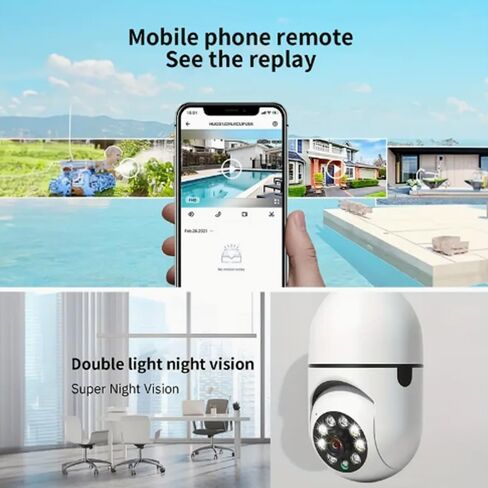 كاميرا WiFi لاسلكية بمصباح كهربائي - كاميرا أمان بانورامية عالية الدقة بزاوية 360 درجة مع نطاق 2.4 جيجا هرتز، وإنذار للكشف عن الإنسان، ورؤية ليلية ملونة، واتصال داخلي ثنائي الاتجاه، وجهاز تحكم عن بعد محمول باللون الأبيض in Kuwait