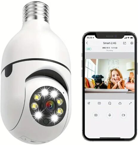 كاميرا WiFi لاسلكية بمصباح كهربائي - كاميرا أمان بانورامية عالية الدقة بزاوية 360 درجة مع نطاق 2.4 جيجا هرتز، وإنذار للكشف عن الإنسان، ورؤية ليلية ملونة، واتصال داخلي ثنائي الاتجاه، وجهاز تحكم عن بعد محمول باللون الأبيض in Kuwait