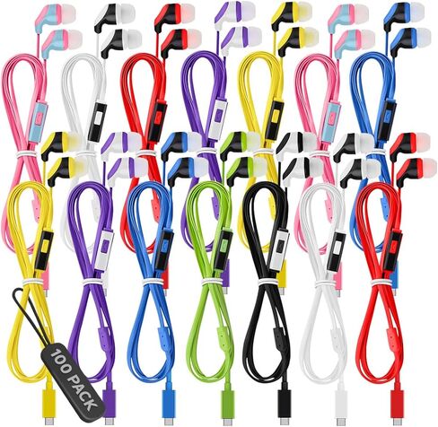 سماعات أذن JustJamz USB C، 100 حزمة - سماعات رأس سلكية داخل الأذن USBC مع ميكروفون، سماعات أذن من النوع C لأجهزة iPhone 15 وiPad ومعظم أجهزة USB-C، سماعات أذن سلكية كبيرة الحجم للفصل الدراسي in Kuwait