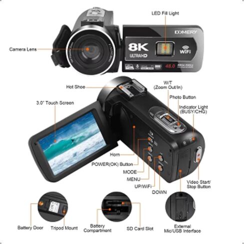 Tangxi 8K Video Camera Camcorder, 64MP HD WiFi Vlogging Camera with 3.0", 18x Digital Zoom, 6 Axis Anti Shake, Digital Video Recorder with Fill Light, Microphone, in Kuwait