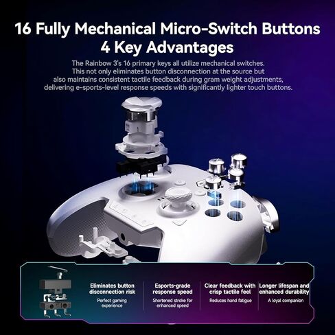 MOJHON Rainbow 3 Wireless PC Gaming Controller Capacitive Joystick 2000Hz Polling Rate 16 Mechanical Keys 14 Custom RGB Lights 6-Axis Gyro Sensor Hall/Micro-switch Trigger 3.5mm Audio Jack Gamepad for PC/Switch2/iOS/Android in Kuwait