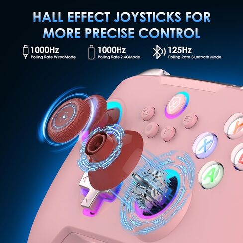 وحدة تحكم Moonag اللاسلكية للكمبيوتر الشخصي مع عصا تحكم Hall Effect، معدل تصويت 2.4G لاسلكي وسلكي 1000 هرتز، اهتزاز توربو ومزدوج، إضاءة RGB، وحدة تحكم ألعاب للكمبيوتر الشخصي/Switch/iOS/Android، وردي in Kuwait
