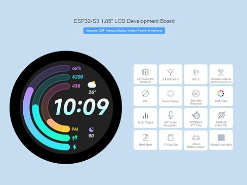 ESP32-S3 1.85inch LCD Display Development Board, 360×360 Pixel 262K Color Round LCD with ESP32-S3, Supports Wi-Fi & Bluetooth 5, Onboard Audio Decoder, Microphone, 6-Axis Sensor etc. in Kuwait