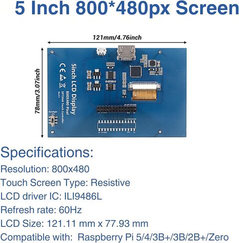 5 Inch HDMI Resistive Touch Screen TFT LCD Display, HD 800x480 LCD Display with HD Adapter, Touch Pen, Compatible with Raspberry Pi 5/4/3/2B/Zero, Banana Pi, Jetson Nano, Windows 11/10/8/7 in Kuwait