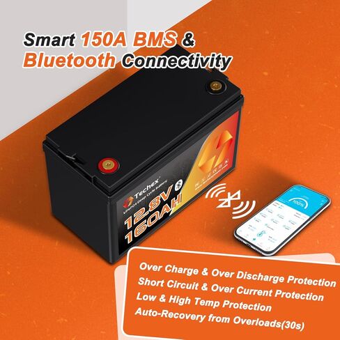 12V 160Ah LiFePO4 Battery, 150A BMS, Built-in Bluetooth, Group 31, Low Temp Cut Off, Deep Cycle, 12V Lithium Battery for Trolling Motor, Boat, RV, Solar, Camping, Off Grid in Kuwait