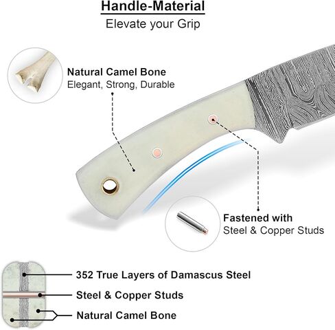 ColdLand Skinning Knife – 5.90" Full Tang Fixed Blade Knife with Natural Camel Bone Handle & Leather Sheath – 3" Damascus Blade for EDC, Camping, Picnic, Hiking & All Other Outdoor Activities - NMK05 in Kuwait