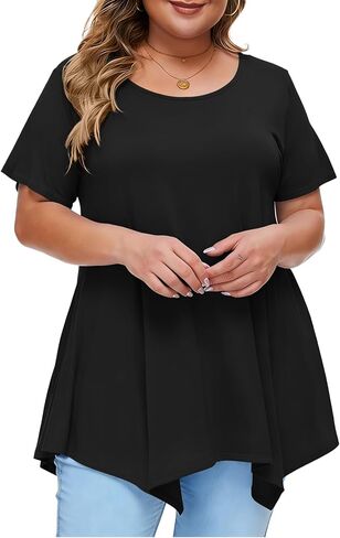 MONNURO Womens Plus Size Tops Short Sleeve Casual Crew Neck T Shirts with Asymmetrical Hemline in Saudi Arabia
