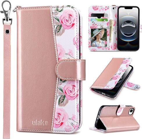 ULAK Compatible with iPhone 16E Wallet Case/iPhone 17E Wallet Case with Card Holder, PU Leather Case with Kickstand Card Slots Wrist Strap, Durable Shockproof Protective Cover 6.1 inch, Rose Gold in Saudi Arabia