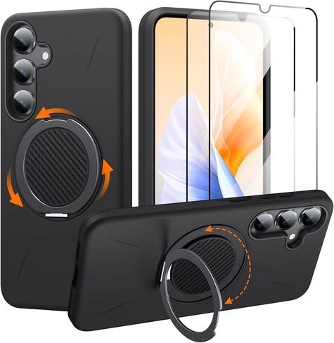 for Samsung Galaxy S24 Plus Case/S25 Plus Case with 2 Screen Protectors, 360° Rotatable Stand & Magnetic Case for S25 Plus, Military-Grade Dual-Layer Protection Slim Case for S24 Plus, Black in Kuwait