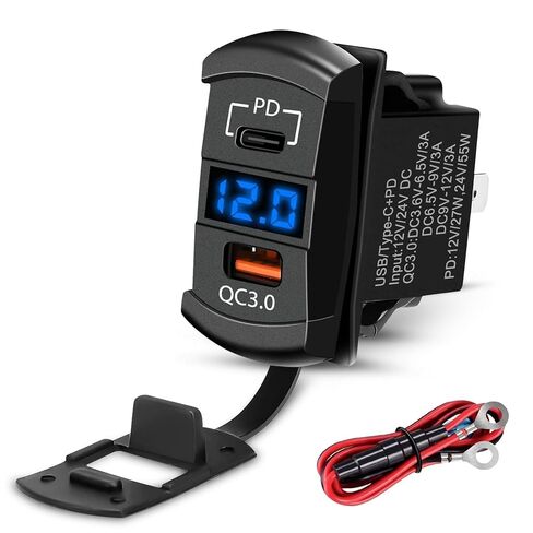 منفذ USB 12 فولت، شاحن USB بمفتاح الروك، شاحن سيارة USB C ومحول سريع 3.0 PD لوحة شحن دراجة نارية شاحن USB مقاوم للماء أزرق LED الفولتميتر الرقمي على مركبة بحرية مركبة شاحنة عربة جولف RV in Kuwait