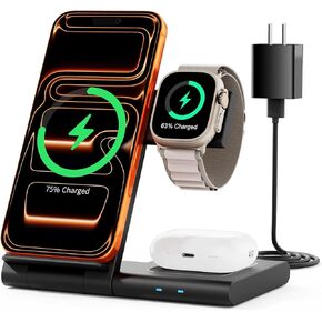 شاحن لاسلكي محمول جديد للسفر: لمحطة شحن Apple 3 في 1 حامل شاحن لأجهزة متعددة لأجهزة Apple - iPhone 17 16 15 14 Pro Max 13 12 11 - Watch 2-11 SE Ultra Series - Airpods 4 3 2 Pro in Kuwait