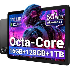 11 Inch Tablet, Octa-Core, 16GB RAM 128GB ROM 1TB Expand, 8200mAh Battery, WiFi 6 Bluetooth 5.3, HD IPS Screen, Dual Camera, Face Unlock, Android 14, Black in Kuwait