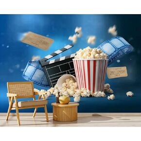 قشر والصق ورق جدران سينما أزرق ثلاثي الأبعاد كائنات واقعية شريط الفشار ذاتي اللصق جدار جدارية قابلة للإزالة ديكور جدار لغرفة المعيشة بنين بنات غرفة نوم الحضانة in Kuwait