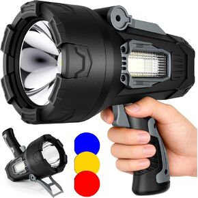 Rechargeable Spotlight 200000 Lumens, Waterproof Super Bright Spotlight Flashlight, LED Spotlights with 3 Color Lenses and Foldable Stand, Long Runtime Large Handheld Spot Light for Outdoor Boating in Kuwait