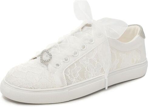 16053 Wedding Shoes Bridal Sneakers Flats Bride Tennis Shoes Flowers Lace Sneakers in Saudi Arabia