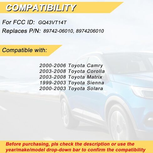 استبدال Vurkcy Key Fob لـ 2000-2006 Toyota Camry/ 03-08 Corolla Matrix/ 99-03 Sienna/ 00-03 Solara Car بدون مفتاح للتحكم عن بعد، GQ43VT14T، 3 أزرار، قطعتان in Kuwait
