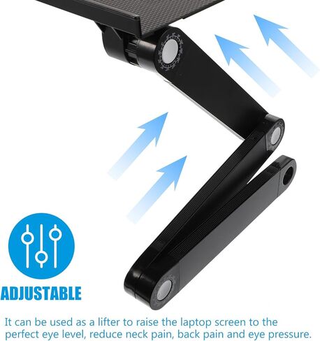SHOWERORO Aluminum Alloy Portable Laptop Stand with Adjustable Height and Folding Design, Multi-Functional Notebook PC Holder with Cooling Shelf for Home Office Bed Use, Black with Mouse Pad in Kuwait