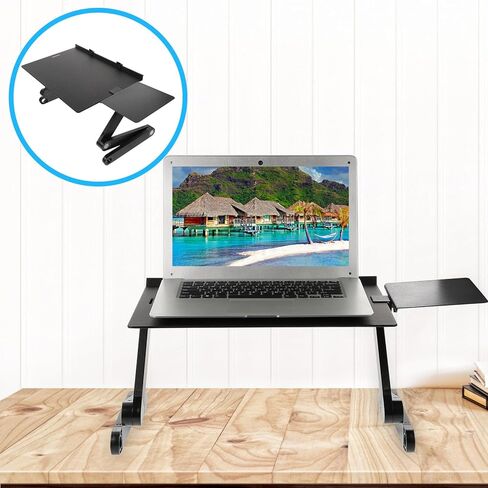 SHOWERORO Aluminum Alloy Portable Laptop Stand with Adjustable Height and Folding Design, Multi-Functional Notebook PC Holder with Cooling Shelf for Home Office Bed Use, Black with Mouse Pad in Kuwait