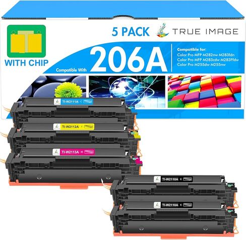 خراطيش حبر 206A 5 عبوات 206X M283fdw بديلة متوافقة لطابعة HP 206A W2110A (مع رقاقة) Color LaserJet Pro MFP M283cdw M255dw M283 Pro M255 W2110X حبر عالي الإنتاجية (2*B/C/Y/M، 5 عبوات) in Kuwait