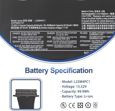 استبدال بطارية الكمبيوتر المحمول ANTIEE L22M4PC1 لجهاز Lenovo Legion Pro 7 16IRX8 16IRX8H Series L22D4PC1 SB11K38958 SB11K38962 5B11K38950 5B11K38957 15.52V 99.9Wh 6440mAh in Kuwait