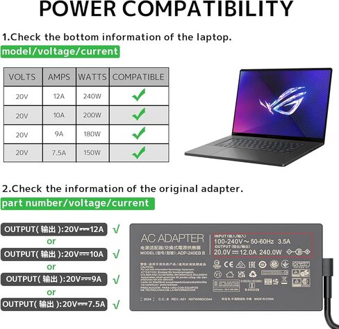 شاحن كمبيوتر محمول 240 واط 20 فولت 10 أمبير مناسب لجهاز Asus Rog Zephyrus Duo 15 G14 GA402 G15 G16 M16 GU603؛ فيفوبوك برو 15X 16X S15 S17 GX502; تدفق X16 GV601 TUF A15 A17 F15 F16 F17 محول التيار المتردد ADP-240EB B مصدر الطاقة in Kuwait