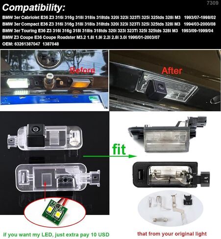 Car Backup Vehicle Camera Replacement for BMW E36 3er Series 316i 316g 318is 323i 325i 328i 320i M3 Z3 Touring Limousine Cabriolet Coupe 1992-1998 Waterproof Reverse Parking Night Vision in Kuwait