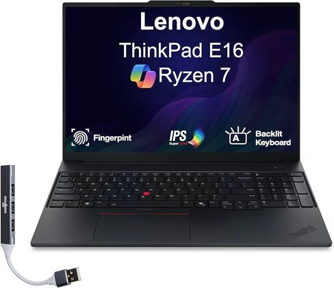 كمبيوتر محمول Lenovo ThinkPad E16 Business بشاشة 16.0 بوصة IPS WUXGA (AMD Ryzen 7 250، 16 جيجابايت DDR5، 1 تيرابايت PCIe SSD، رسومات مدمجة، لوحة مفاتيح بإضاءة خلفية، بصمة الإصبع، WiFi 6، كاميرا ويب، Win 11 Pro) مع موسع منفذ USB DKZ in Kuwait
