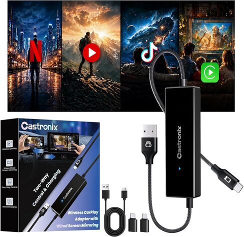 4-in-1 Wireless CarPlay Adapter for iPhone 15/16/17 & Newer, Wired Video Streaming, Screen Mirroring, Two-Way Control & Charging, Plug & Play for Factory Wired CarPlay (Black) in Kuwait