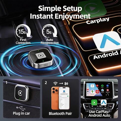 【2026 Upgraded】 Wireless CarPlay Adapter,Wired to Wireless for Apple CarPlay Android Auto,Mini USB,Type-C Extension,Plug & Play,Stable Connection,Low Latency,5GHz WiFi for Cars,iPhone,Android in Kuwait