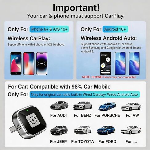 【2026 Upgraded】 Wireless CarPlay Adapter,Wired to Wireless for Apple CarPlay Android Auto,Mini USB,Type-C Extension,Plug & Play,Stable Connection,Low Latency,5GHz WiFi for Cars,iPhone,Android in Kuwait