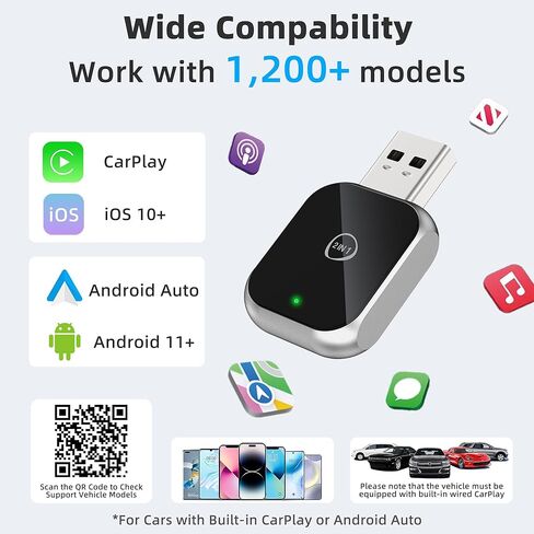محول Android Auto اللاسلكي Carplay - 2 في 1 محول سيارة Android Auto لاسلكي وتشغيل السيارة، تحكم مستقر بدون تأخير [ترقية 2026] فضي in Kuwait
