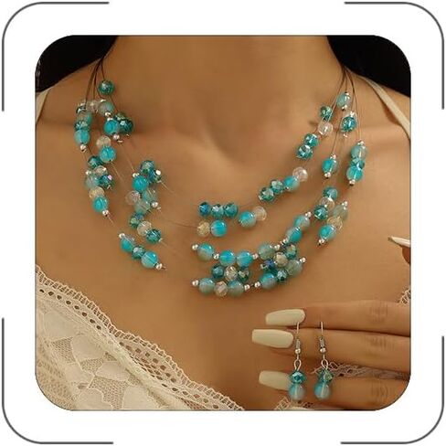 Statement Necklace for Women, Layered Chunky Beaded Crystal Pearl Necklaces Colorful Multi-Layer Strand Necklace and Earrings Set Bridal Jewelry Set for Wedding Prom Jewelry Sets in Saudi Arabia