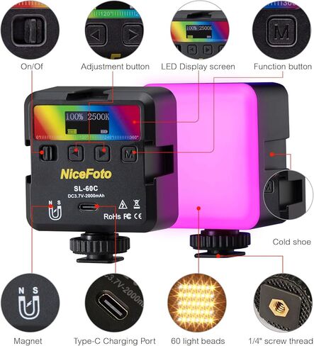 مصابيح فيديو NiceFoto RGB، إضاءة فيديو LED ملونة كاملة 360 درجة مع 3 حوامل أحذية باردة، 2500K-9000K، CRI 96+، 18 وضعًا للمشهد، ضوء كاميرا RGB مغناطيسي لتصوير مدونة الفيديو، TikTok، Live، التصوير الفوتوغرافي in Kuwait