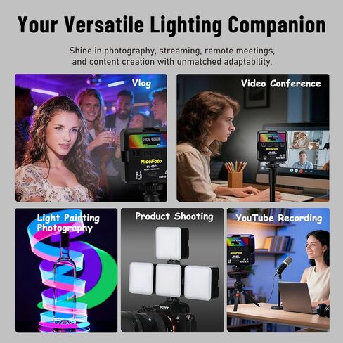 مصابيح فيديو NiceFoto RGB، إضاءة فيديو LED ملونة كاملة 360 درجة مع 3 حوامل أحذية باردة، 2500K-9000K، CRI 96+، 18 وضعًا للمشهد، ضوء كاميرا RGB مغناطيسي لتصوير مدونة الفيديو، TikTok، Live، التصوير الفوتوغرافي in Kuwait