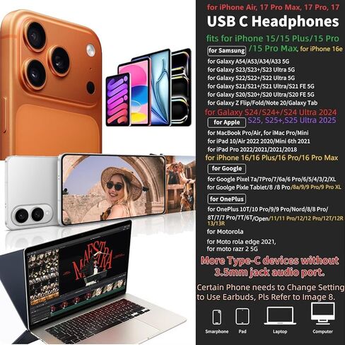 KASOTT USB C Headphone for Samsung Wired Earbuds Magnetic in-Ear Type C Earphone with Microphone Volume Control Deep Bass Stereo Noise Canceling for iPhone 17 Pro Max Air 16 16e 15 Pixel 10 9a (Black) in Kuwait
