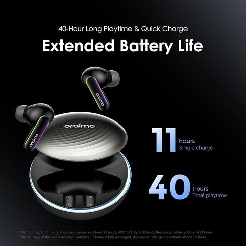 Oraimo SpaceBuds ANC Wireless Earbuds, 50dB Noise Cancelling Bluetooth Earbuds, 4-Mic Clear Calls in Ear Headphones, Heavy Bass, Personalized Light Effects, Slide Design, App Control, 40H Play in Kuwait