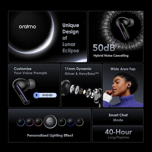 Oraimo SpaceBuds ANC Wireless Earbuds, 50dB Noise Cancelling Bluetooth Earbuds, 4-Mic Clear Calls in Ear Headphones, Heavy Bass, Personalized Light Effects, Slide Design, App Control, 40H Play in Kuwait
