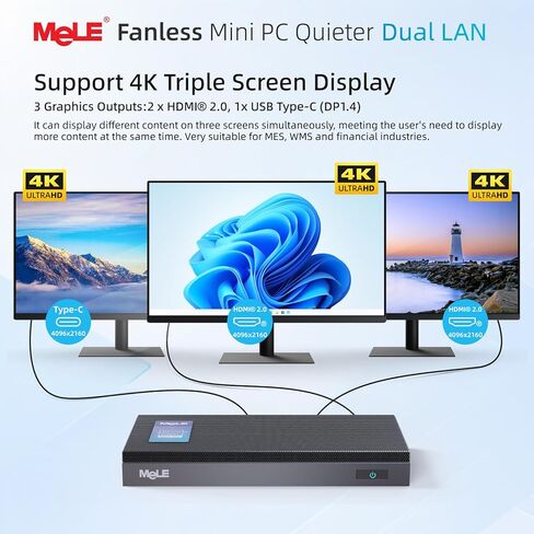 MeLE Quieter DL Ultrathin Fanless N150 Mini PC Dual 2.5G LAN 16GB LPDDR4x 512GB SSD Micro PC HDMI 4K USB-C DP1.4 Triple Display 2.4/5GHz WiFi BT5.1 Small Desktop Computer on Soft Router, NAS, IoT in Kuwait