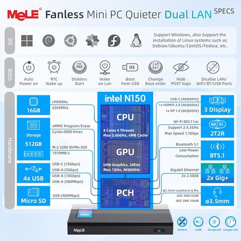 MeLE Quieter DL Ultrathin Fanless N150 Mini PC Dual 2.5G LAN 16GB LPDDR4x 512GB SSD Micro PC HDMI 4K USB-C DP1.4 Triple Display 2.4/5GHz WiFi BT5.1 Small Desktop Computer on Soft Router, NAS, IoT in Kuwait