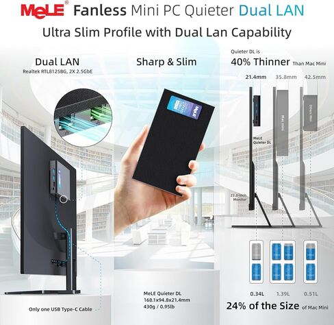 MeLE Quieter DL Ultrathin Fanless N150 Mini PC Dual 2.5G LAN 16GB LPDDR4x 512GB SSD Micro PC HDMI 4K USB-C DP1.4 Triple Display 2.4/5GHz WiFi BT5.1 Small Desktop Computer on Soft Router, NAS, IoT in Kuwait