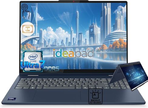 Lenovo IdeaPad 5 2 في 1 كمبيوتر محمول قابل للتحويل، شاشة لمس WUXGA IPS مقاس 16 بوصة، لوحة مفاتيح بإضاءة خلفية، وحدة المعالجة المركزية Intel Core Ultra 7 255U (12 نواة، 5.2 جيجا هرتز)، ذاكرة الوصول العشوائي LPDDR5 سعة 32 جيجابايت، SSD 1 تيرابايت، WiFi 6، ك in Kuwait