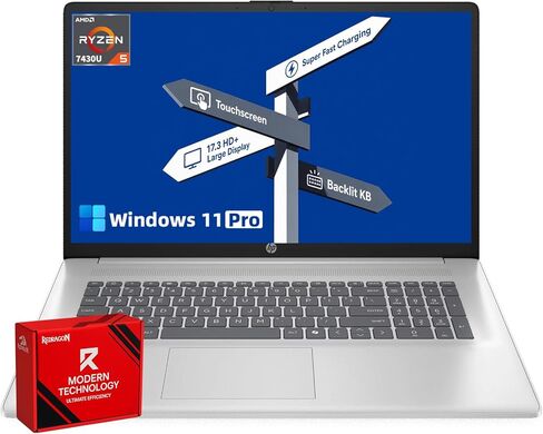 كمبيوتر محمول HP بشاشة لمس 17.3 بوصة، معالج AMD Ryzen 5 7430U سداسي النواة، شاشة HD+ مضادة للتوهج، ذاكرة الوصول العشوائي 20 جيجابايت، لوحة مفاتيح بإضاءة خلفية، Windows 11 Pro، AI Copilot، شحن سريع، فضي in Kuwait