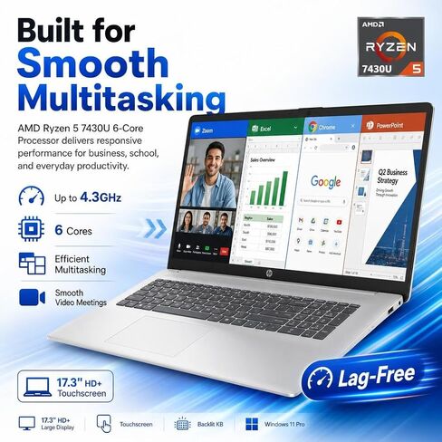 كمبيوتر محمول HP بشاشة لمس 17.3 بوصة، معالج AMD Ryzen 5 7430U سداسي النواة، شاشة HD+ مضادة للتوهج، ذاكرة الوصول العشوائي 20 جيجابايت، لوحة مفاتيح بإضاءة خلفية، Windows 11 Pro، AI Copilot، شحن سريع، فضي in Kuwait