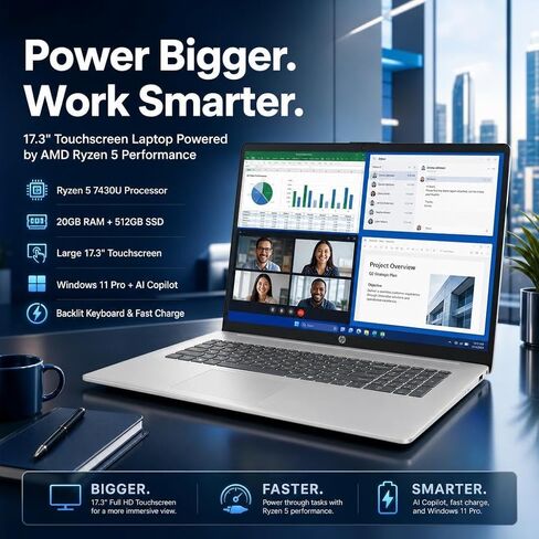 كمبيوتر محمول HP بشاشة لمس 17.3 بوصة، معالج AMD Ryzen 5 7430U سداسي النواة، شاشة HD+ مضادة للتوهج، ذاكرة الوصول العشوائي 20 جيجابايت، لوحة مفاتيح بإضاءة خلفية، Windows 11 Pro، AI Copilot، شحن سريع، فضي in Kuwait