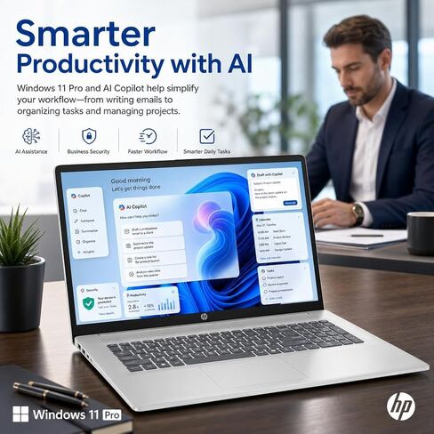 كمبيوتر محمول HP بشاشة لمس 17.3 بوصة، معالج AMD Ryzen 5 7430U سداسي النواة، شاشة HD+ مضادة للتوهج، ذاكرة الوصول العشوائي 20 جيجابايت، لوحة مفاتيح بإضاءة خلفية، Windows 11 Pro، AI Copilot، شحن سريع، فضي in Kuwait