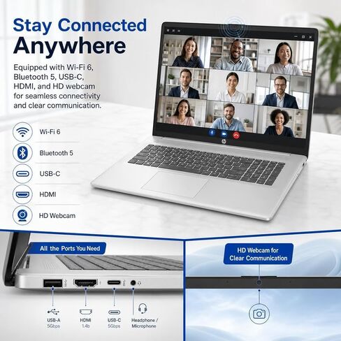 كمبيوتر محمول HP بشاشة لمس 17.3 بوصة، معالج AMD Ryzen 5 7430U سداسي النواة، شاشة HD+ مضادة للتوهج، ذاكرة الوصول العشوائي 20 جيجابايت، لوحة مفاتيح بإضاءة خلفية، Windows 11 Pro، AI Copilot، شحن سريع، فضي in Kuwait