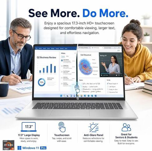 كمبيوتر محمول HP بشاشة لمس 17.3 بوصة، معالج AMD Ryzen 5 7430U سداسي النواة، شاشة HD+ مضادة للتوهج، ذاكرة الوصول العشوائي 20 جيجابايت، لوحة مفاتيح بإضاءة خلفية، Windows 11 Pro، AI Copilot، شحن سريع، فضي in Kuwait