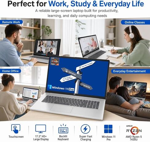 كمبيوتر محمول HP بشاشة لمس 17.3 بوصة، معالج AMD Ryzen 5 7430U سداسي النواة، شاشة HD+ مضادة للتوهج، ذاكرة الوصول العشوائي 20 جيجابايت، لوحة مفاتيح بإضاءة خلفية، Windows 11 Pro، AI Copilot، شحن سريع، فضي in Kuwait