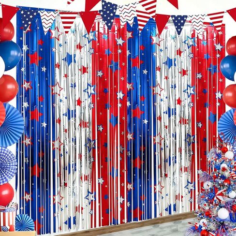 4th of July Decorations, 3 Pack 3.3Ft x 6.6Ft Red White Blue Foil Fringe Curtains Streamers Patriotic Decor for Independence Day Party 250th Anniversary Photo Booth Backdrop Props Party Supplies in Kuwait